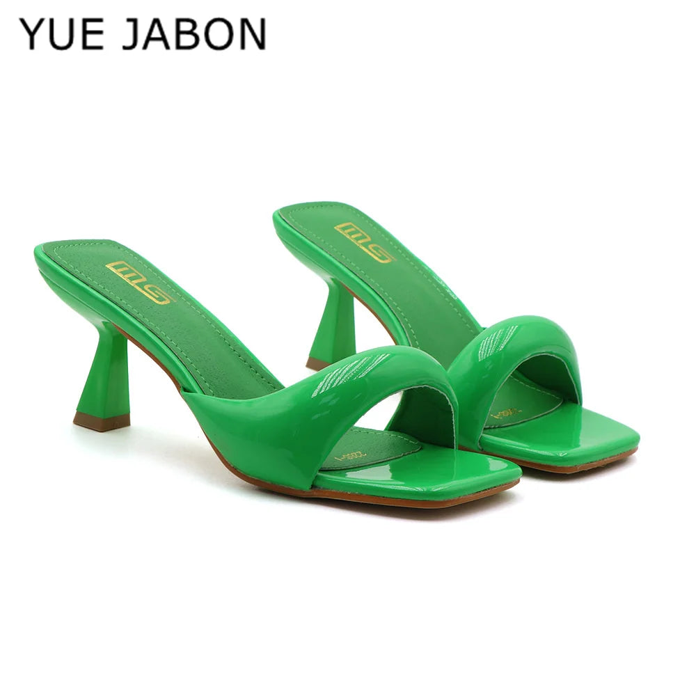 Green Silver High Heel Slippers Women Open Toe Slingback Sandals Female Pumps Square Toe Summer Simple Designer Heeled Sandals