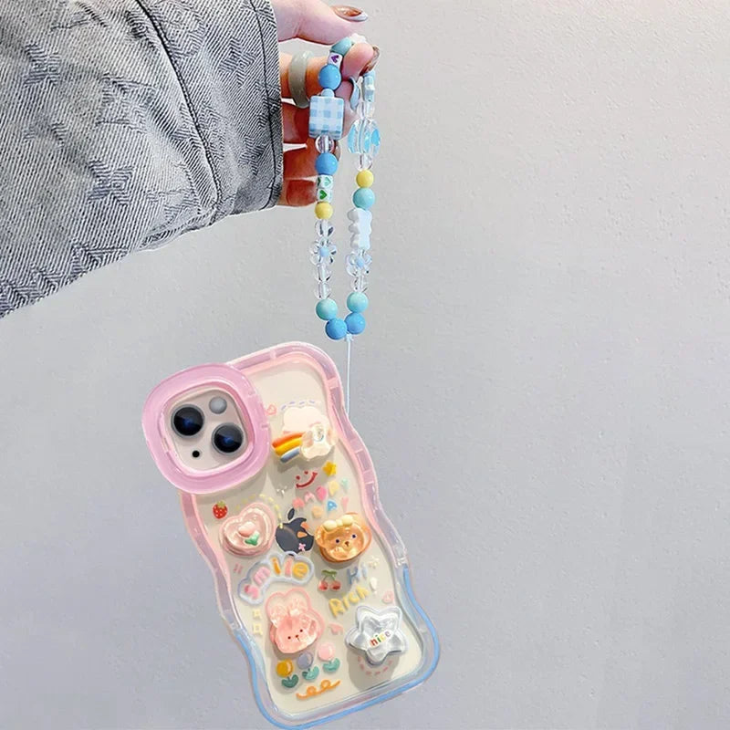 Bead Bracelet Chain Phone Holder Case For iPhone 15 16 17 14 13 12 11 Pro Max Plus XS XR 3D Rainbow Bracket Holder Stand Cover