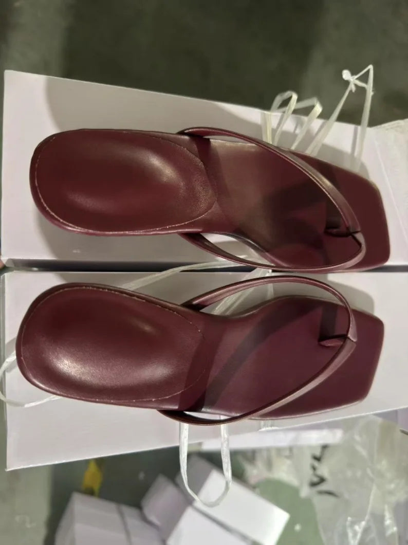 Brand Square Toe Flip Flops For Women Luxury High-end Leather Fashion Sandal Summer Clip Toe Comfort Low Heel Slides Casual Shoe