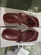 Brand Square Toe Flip Flops For Women Luxury High-end Leather Fashion Sandal Summer Clip Toe Comfort Low Heel Slides Casual Shoe