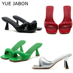 Green Silver High Heel Slippers Women Open Toe Slingback Sandals Female Pumps Square Toe Summer Simple Designer Heeled Sandals