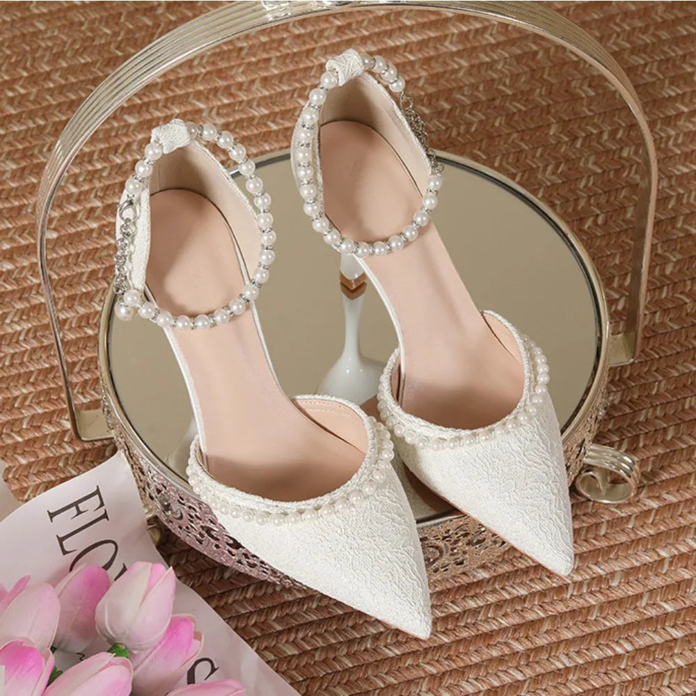 High Heeled Shoes Women's Sandals with A Thin Heel and Pointed Toe A Straight Cut Lace Surface White Pearl Bridal Shoes Women