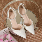 High Heeled Shoes Women's Sandals with A Thin Heel and Pointed Toe A Straight Cut Lace Surface White Pearl Bridal Shoes Women