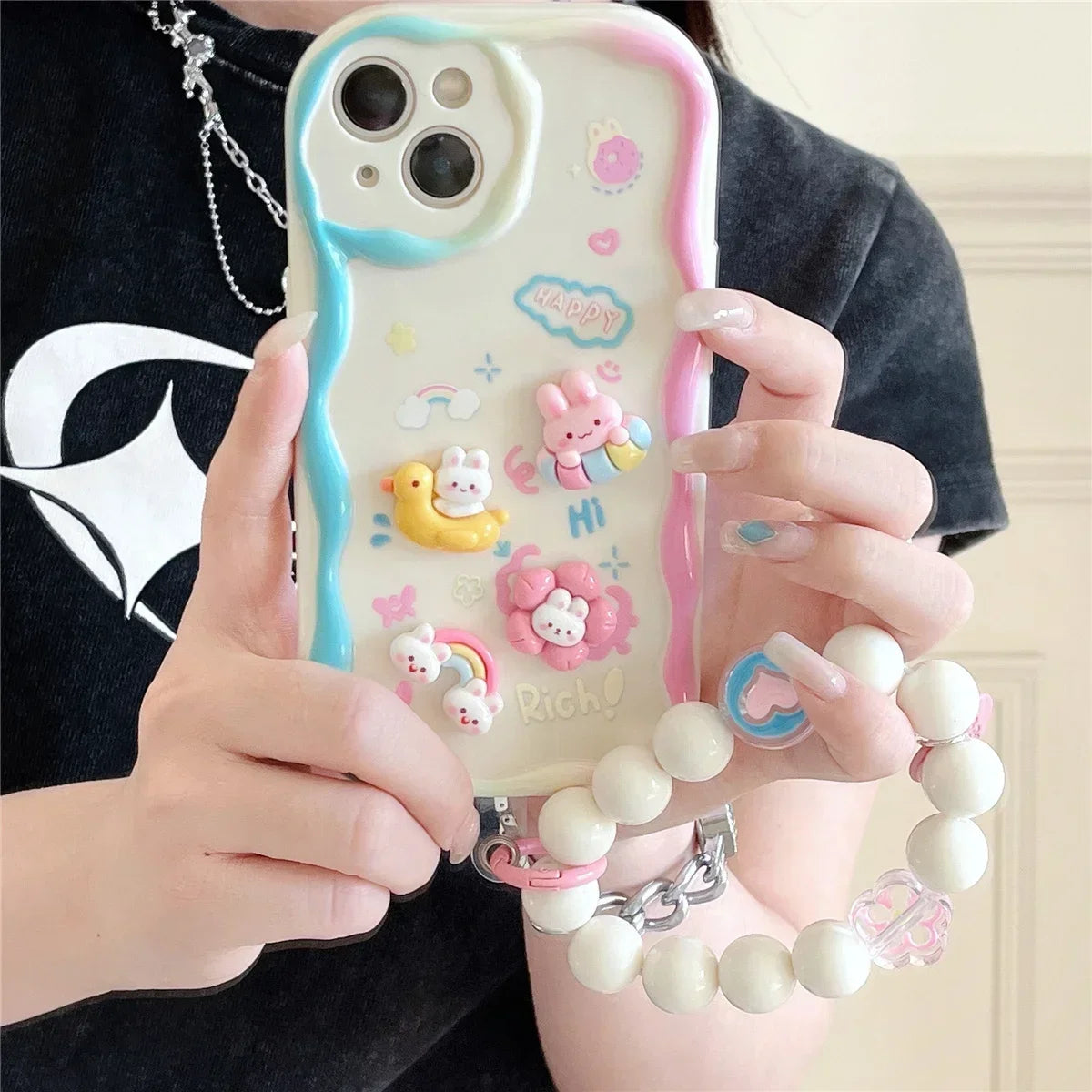 Korean 3D Bear Lanyard Clear iPhone Case