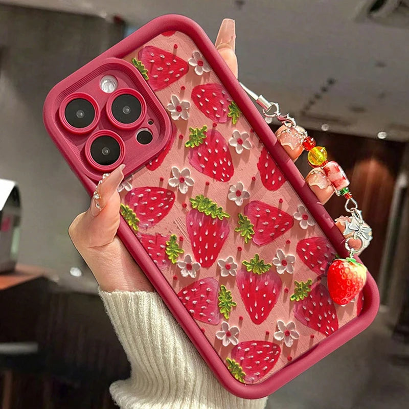 Flower Strawberry Wrist Strap iPhone Case