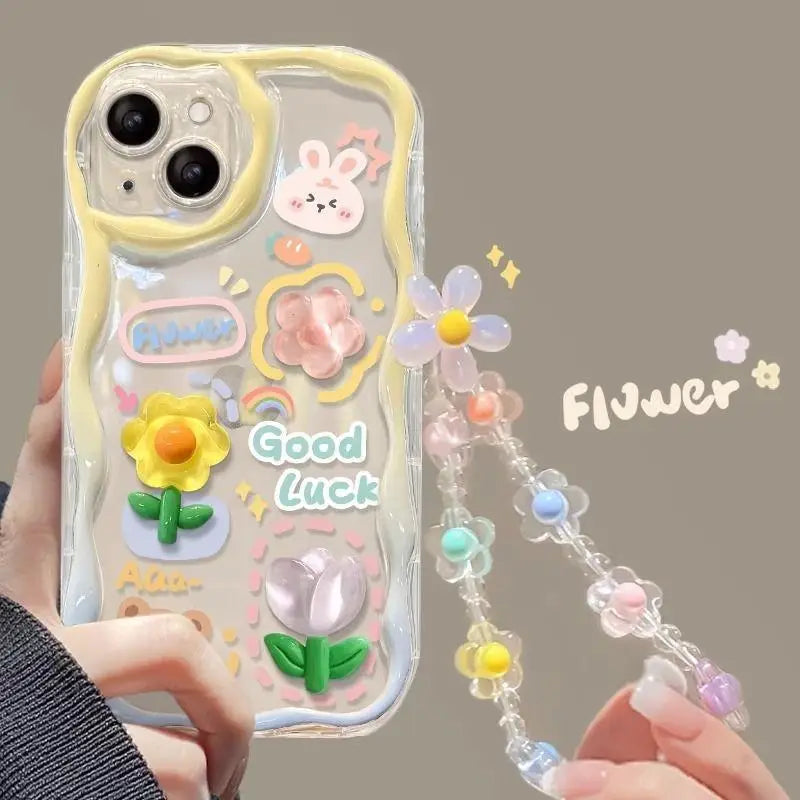 3D Cartoon Flower iPhone Case with Wrist Chain