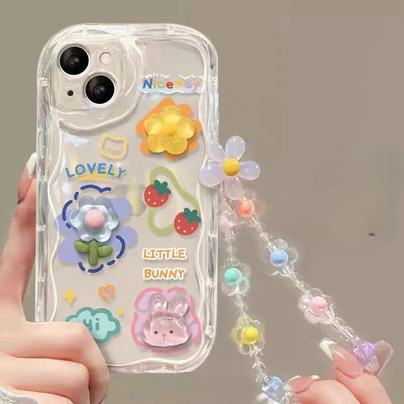 3D Cartoon Flower iPhone Case with Wrist Chain