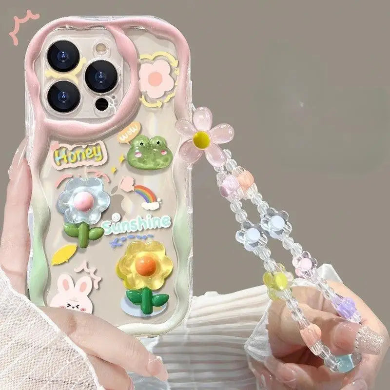 3D Cartoon Flower iPhone Case with Wrist Chain