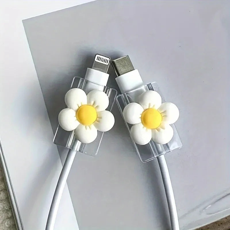 2pcs Cartoon Cable Protector Cute Flowers USB Charger Protector Cable Organizer Kawaii Data Line Cord Cable Winder For iPhone