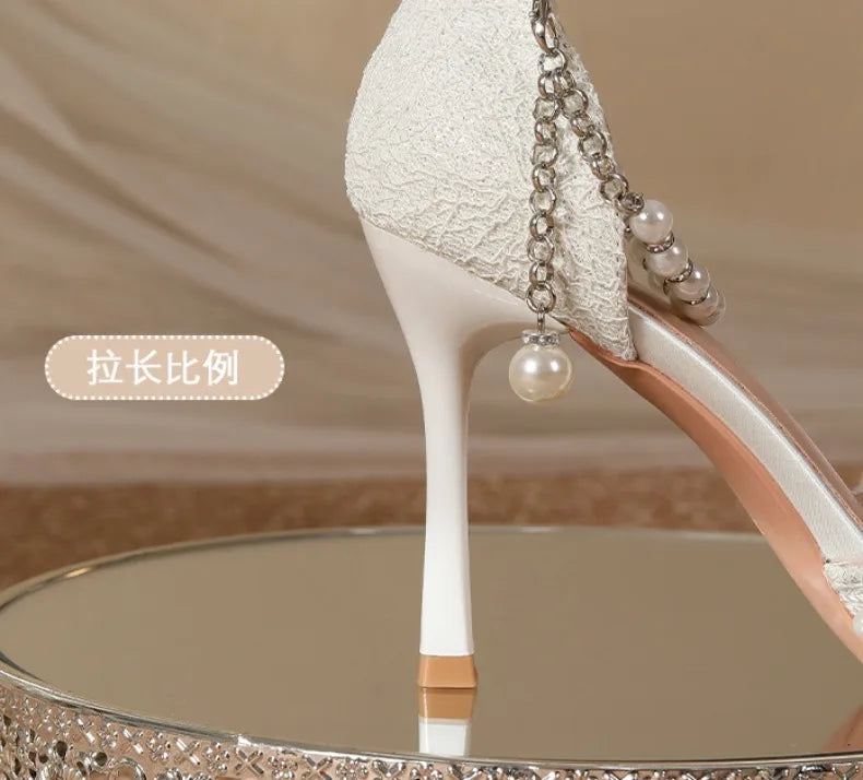 High Heeled Shoes Women's Sandals with A Thin Heel and Pointed Toe A Straight Cut Lace Surface White Pearl Bridal Shoes Women