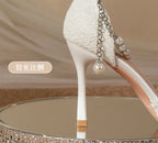 High Heeled Shoes Women's Sandals with A Thin Heel and Pointed Toe A Straight Cut Lace Surface White Pearl Bridal Shoes Women