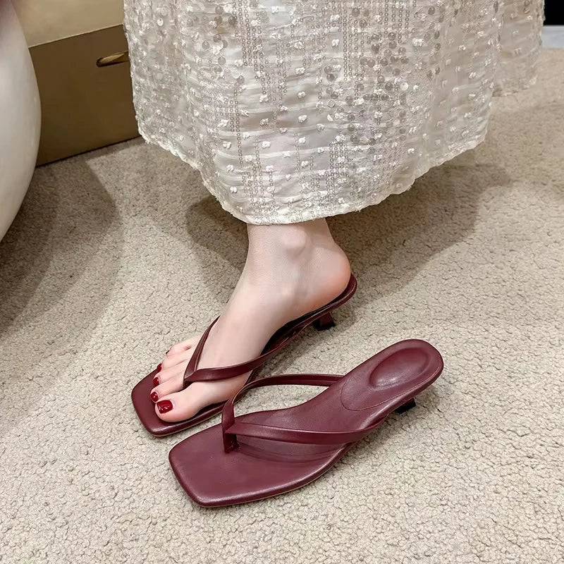 Brand Square Toe Flip Flops For Women Luxury High-end Leather Fashion Sandal Summer Clip Toe Comfort Low Heel Slides Casual Shoe