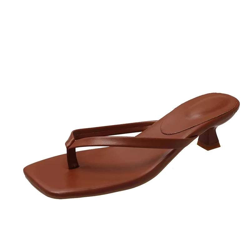 Brand Square Toe Flip Flops For Women Luxury High-end Leather Fashion Sandal Summer Clip Toe Comfort Low Heel Slides Casual Shoe