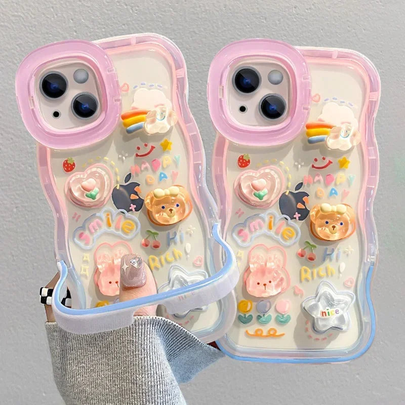 Bead Bracelet Chain Phone Holder Case For iPhone 15 16 17 14 13 12 11 Pro Max Plus XS XR 3D Rainbow Bracket Holder Stand Cover