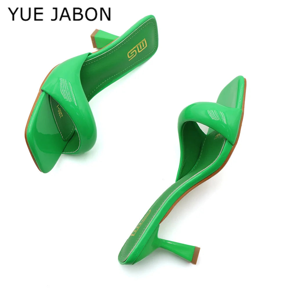 Green Silver High Heel Slippers Women Open Toe Slingback Sandals Female Pumps Square Toe Summer Simple Designer Heeled Sandals
