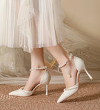 High Heeled Shoes Women's Sandals with A Thin Heel and Pointed Toe A Straight Cut Lace Surface White Pearl Bridal Shoes Women