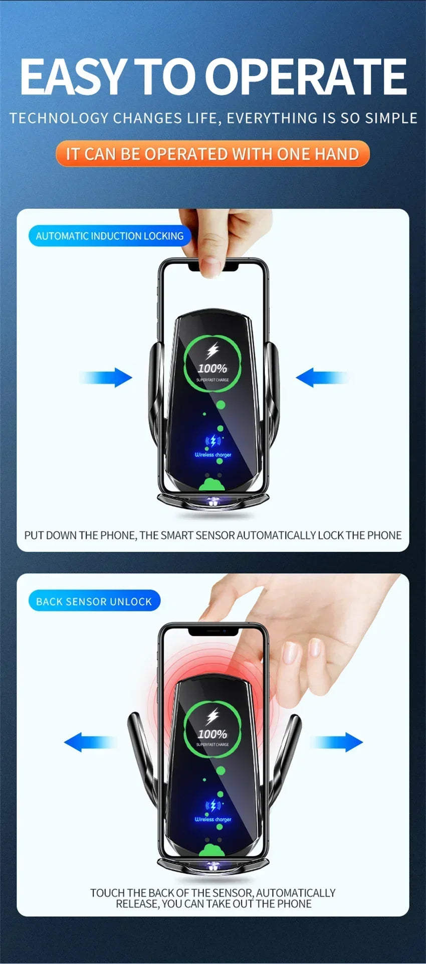 VIKEFON 15W Wireless Car Charger Mount Automatic Phone Holder for iPhone Samsung Fast Charging Magnetic Infrared Induction