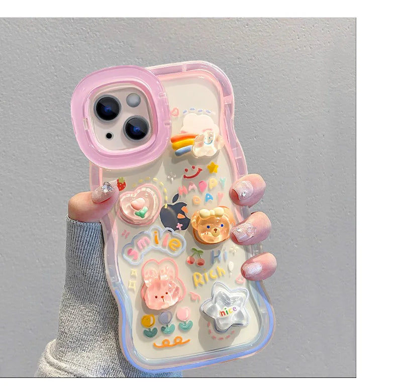 Bead Bracelet Chain Phone Holder Case For iPhone 15 16 17 14 13 12 11 Pro Max Plus XS XR 3D Rainbow Bracket Holder Stand Cover