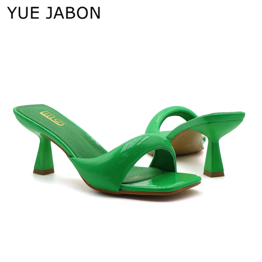 Green Silver High Heel Slippers Women Open Toe Slingback Sandals Female Pumps Square Toe Summer Simple Designer Heeled Sandals