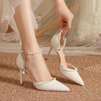 High Heeled Shoes Women's Sandals with A Thin Heel and Pointed Toe A Straight Cut Lace Surface White Pearl Bridal Shoes Women