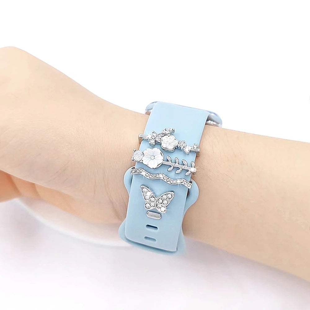4pcs Butterfly Flower Watchband Ring Loops Nails Studs, Cute Rhinestone Watch Strap Charms Decorations For Iwatch Watchband
