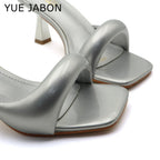 Green Silver High Heel Slippers Women Open Toe Slingback Sandals Female Pumps Square Toe Summer Simple Designer Heeled Sandals
