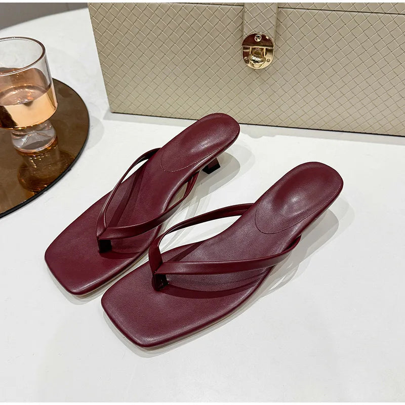 Brand Square Toe Flip Flops For Women Luxury High-end Leather Fashion Sandal Summer Clip Toe Comfort Low Heel Slides Casual Shoe