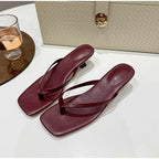 Brand Square Toe Flip Flops For Women Luxury High-end Leather Fashion Sandal Summer Clip Toe Comfort Low Heel Slides Casual Shoe