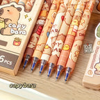 6pcs Cute Capybara Erasable Gel Pens | 0.5mm Retractable Blue Ink for School & Office | Smooth Writing & Quick-Drying (6 Colors)