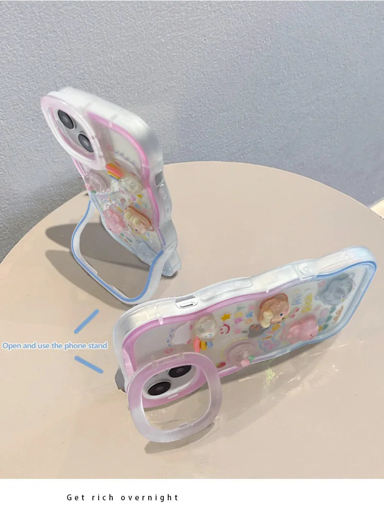 Bead Bracelet Chain Phone Holder Case For iPhone 15 16 17 14 13 12 11 Pro Max Plus XS XR 3D Rainbow Bracket Holder Stand Cover