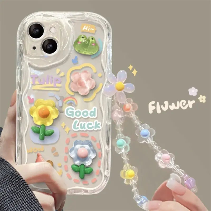 3D Cartoon Flower iPhone Case with Wrist Chain
