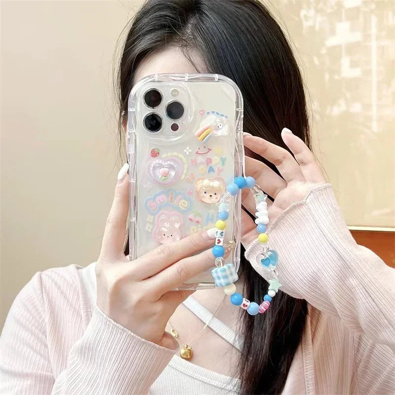 Korean 3D Bear Lanyard Clear iPhone Case