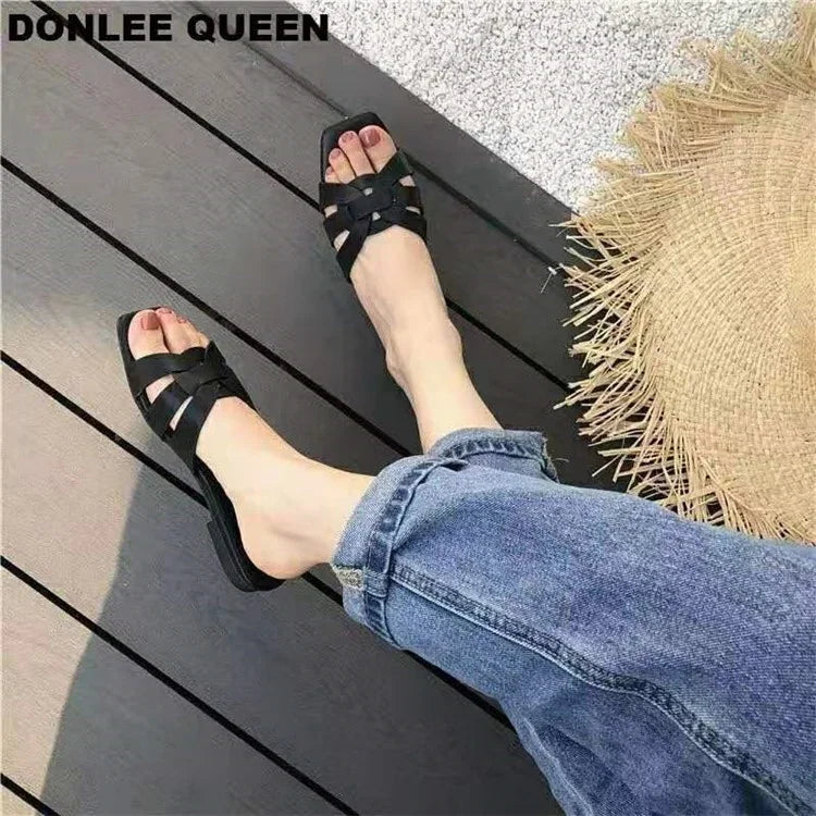 Plussize women's shoes with flat heel summer new style knitted flip-flops flat front slip-on sandals for women Casual beachshoes