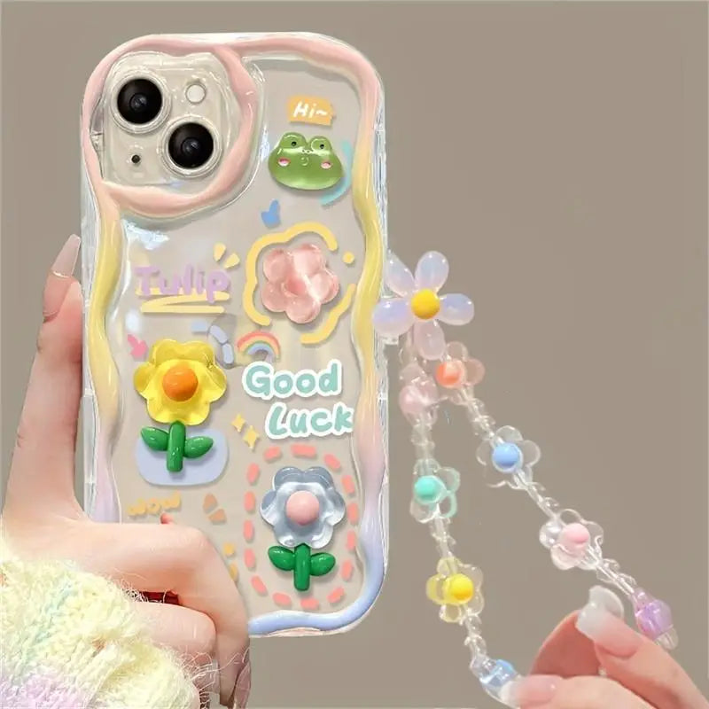 3D Cartoon Flower iPhone Case with Wrist Chain