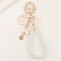 Lovely Cherry Blossoms Fan Keychain Pearl Chain Pendant Women Car Key Ring Headphone Case Charms Bag Decor Accessories