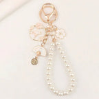 Lovely Cherry Blossoms Fan Keychain Pearl Chain Pendant Women Car Key Ring Headphone Case Charms Bag Decor Accessories