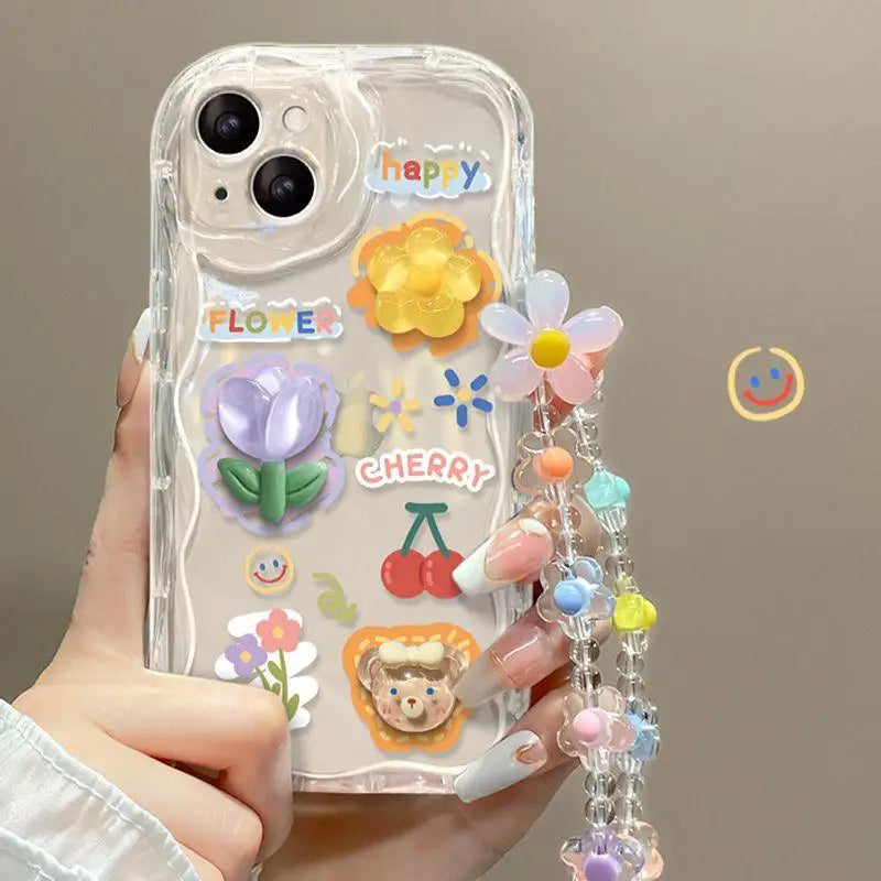 3D Cartoon Flower iPhone Case with Wrist Chain