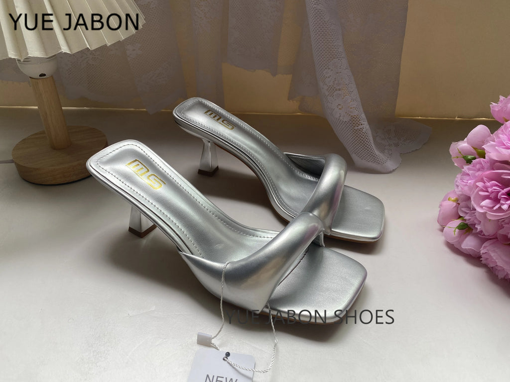 Green Silver High Heel Slippers Women Open Toe Slingback Sandals Female Pumps Square Toe Summer Simple Designer Heeled Sandals