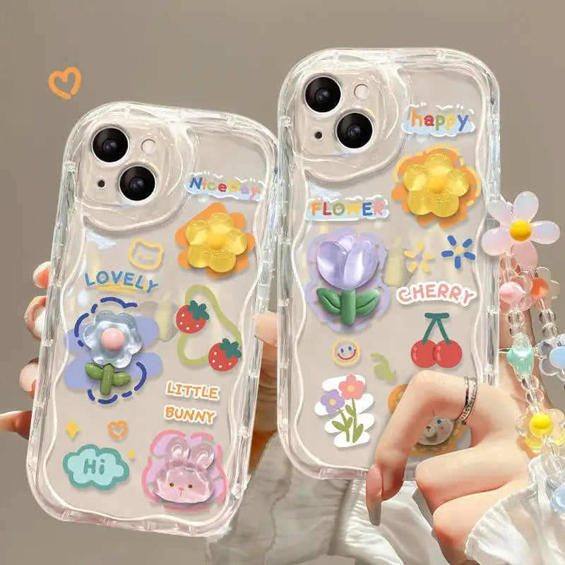 3D Cartoon Flower iPhone Case with Wrist Chain