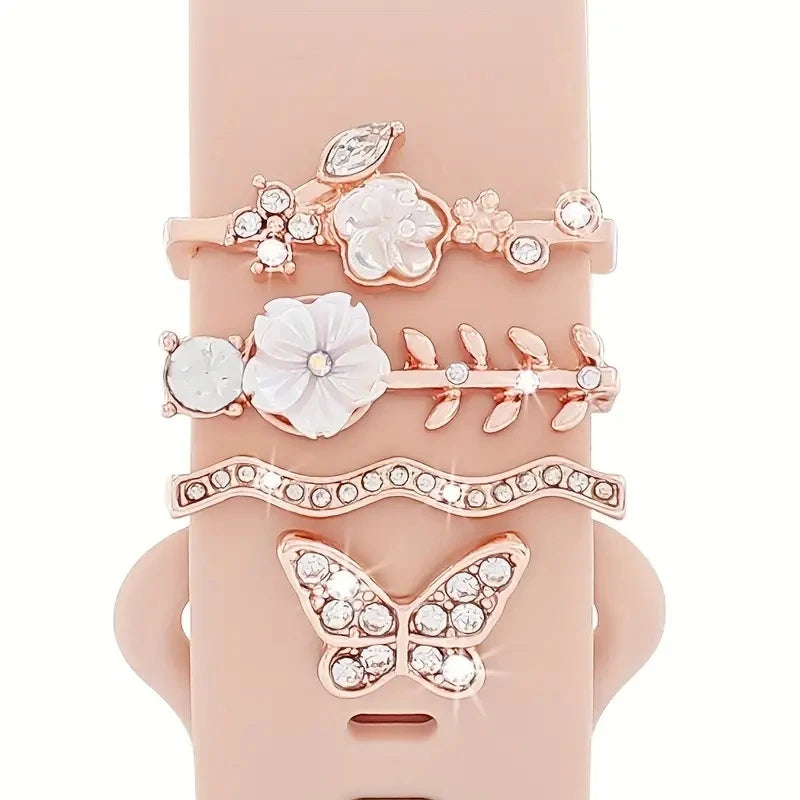 4pcs Butterfly Flower Watchband Ring Loops Nails Studs, Cute Rhinestone Watch Strap Charms Decorations For Iwatch Watchband