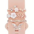 4pcs Butterfly Flower Watchband Ring Loops Nails Studs, Cute Rhinestone Watch Strap Charms Decorations For Iwatch Watchband