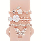 4pcs Butterfly Flower Watchband Ring Loops Nails Studs, Cute Rhinestone Watch Strap Charms Decorations For Iwatch Watchband