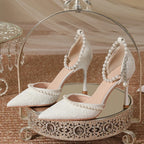 High Heeled Shoes Women's Sandals with A Thin Heel and Pointed Toe A Straight Cut Lace Surface White Pearl Bridal Shoes Women