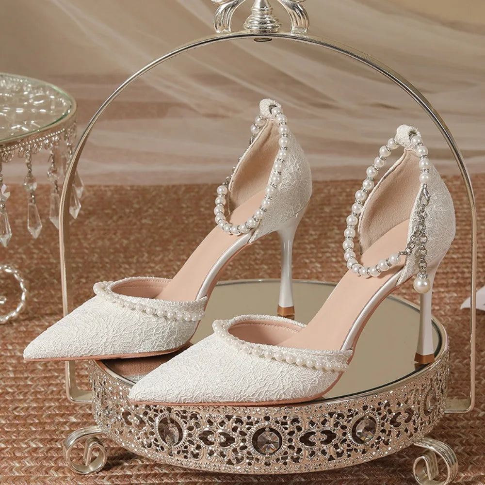 High Heeled Shoes Women's Sandals with A Thin Heel and Pointed Toe A Straight Cut Lace Surface White Pearl Bridal Shoes Women