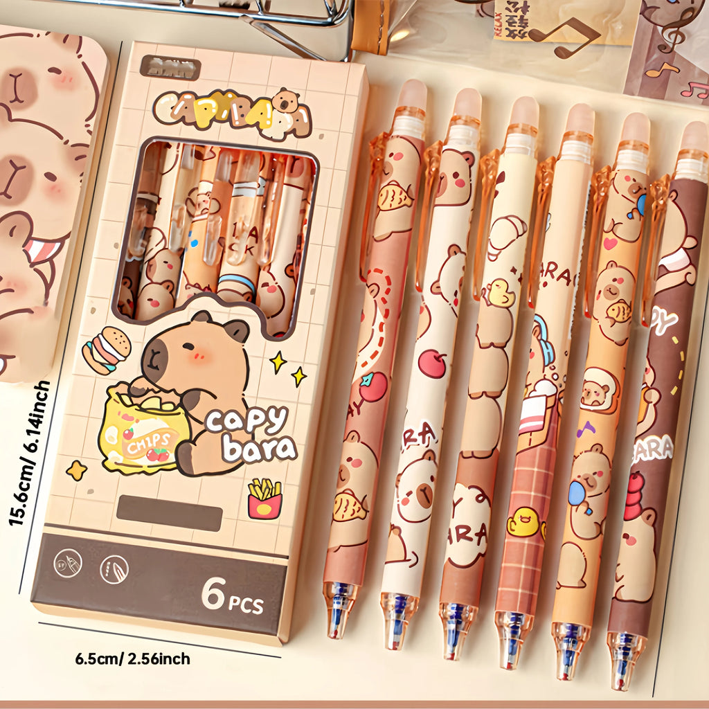 6pcs Cute Capybara Erasable Gel Pens | 0.5mm Retractable Blue Ink for School & Office | Smooth Writing & Quick-Drying (6 Colors)