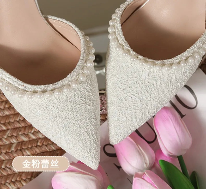 High Heeled Shoes Women's Sandals with A Thin Heel and Pointed Toe A Straight Cut Lace Surface White Pearl Bridal Shoes Women