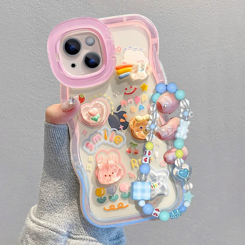 Bead Bracelet Chain Phone Holder Case For iPhone 15 16 17 14 13 12 11 Pro Max Plus XS XR 3D Rainbow Bracket Holder Stand Cover
