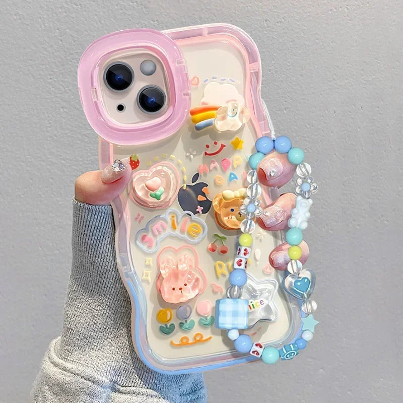 Bead Bracelet Chain Phone Holder Case For iPhone 15 16 17 14 13 12 11 Pro Max Plus XS XR 3D Rainbow Bracket Holder Stand Cover