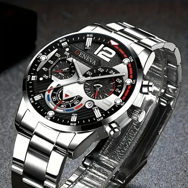 4pcs/1pcs fashionable men's quartz watch - stainless steel strap, round zinc alloy case, electronic sports