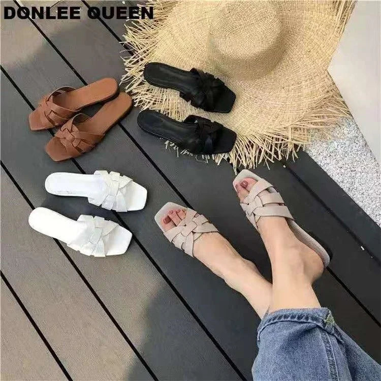 Plussize women's shoes with flat heel summer new style knitted flip-flops flat front slip-on sandals for women Casual beachshoes